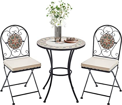 Warmiehomy Bistro Set Mosaic Table and Chairs Garden Dining Table 2 Folding Chairs with Cushion Outdoor Coffee Table and Metal Chair Seat for Balcony, Patio,Cafe