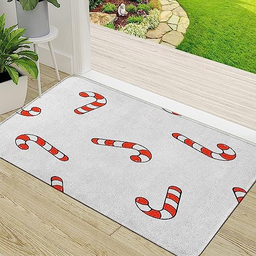 Zerbino Ingresso,Reticolo con le canne di caramella che cadono su bianco Il cibo dolce di festa della cann,Antiscivolo Assorbente Resistente allo sporco Tappeto Cucina Tappeto Tappeto Entrata Zerbino