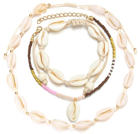 Wnddle 3 Stück Muschel Halskette Armband Set, Natürliche Muschelketten Muschel Halsketten Armband, Weiße Muschelkette Kurze Perle Halsketten Strand Schmuck Set für Frauen und Mädchen