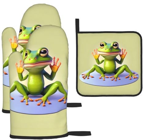 YYHHAOFA Die lustigen Ofenhandschuhe und Topflappen im Frosch-Design – dicke und verbrühungsfreie Isolierung, 2 isolierte Handschuhe und eine Deckelmatte