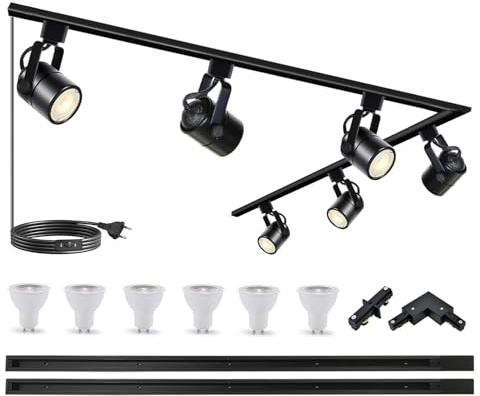 Bravsekai Lamparas Focos Techo Moderno Negra,6 Focos Gu10 Rieles Iluminacion, PlafóN Foco De Techo Led Ajustables Y Giratorios-3.28Ft*2 H Type Rieles,Dormitorio Comedores Pasillos,Con 3000K