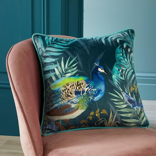 SOIREE - Tropical Peacock Cushion (43 x 43cm) - Filling Included - Reversible Design - Piped Edge - Teal