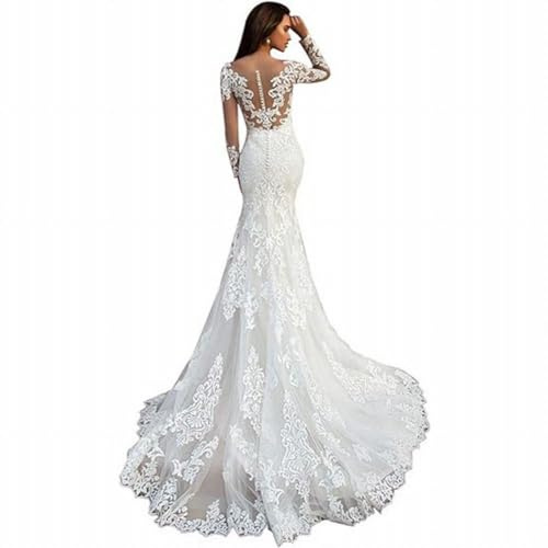 Vestido de Novia Francés Vestido de Novia de Manga Larga Perspectiva Cuello Redondo Y Cola de Arrastre, GeRRiT, Blanco, 36