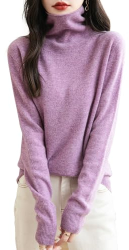 Chanyarn Maglione da Donna in 100% Lana Merino Leggero Collo Alto Lavorato a Maglia Senza Cuciture a Maniche Lunghe Tops (Purple,L)