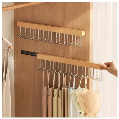 2 Pack Pull Out Belt Hanger for Closet, Wooden Tank Top Bra Hanger, Space Saving Coat Hooks Wall Mounted Hanging Organizer for Tie Belt Scarf Camisole (12 Hooks, Right Pull)