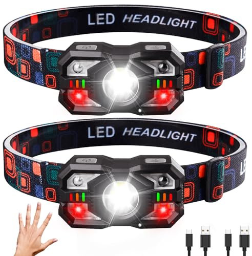 MODOAO Kopflampe Stirnlampe USB Wiederaufladbar Superheller LED-Scheinwerfer,5 Lichtmodi,Wasserdicht Scheinwerfer Headlight mit roten Warnlichtern (2 Pack)