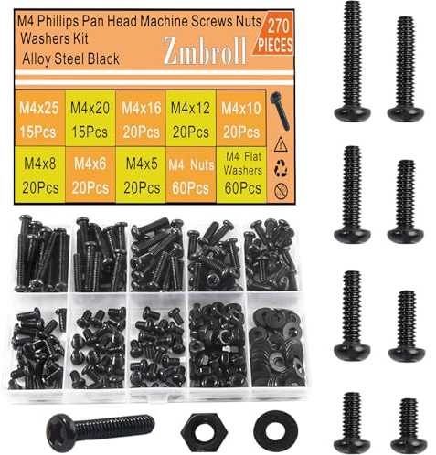 Zmbroll 270Pcs M4 Pan Head Screws M4x5/6/8/10/12/16/20/25mm Metric Machine Screws Black Fully Thread Electricians Screw Bolt Nut Washers Hardware Assortment kit with Case