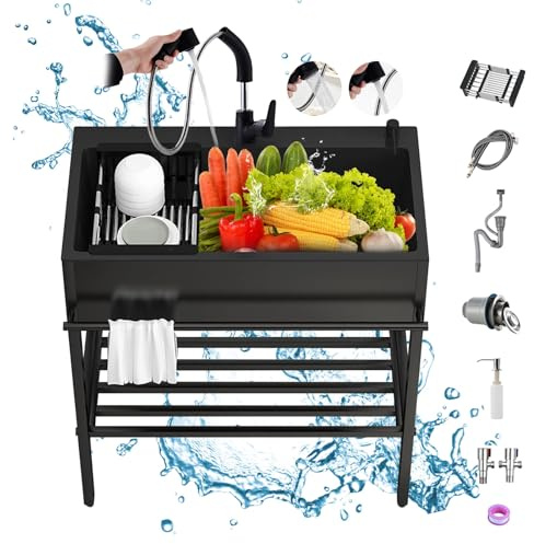 Lavandino in Acciaio Inox Professionale 1 Vasca,Lavello Cucina Nero con Scolapiatti,Lavello Multifunzione Cucina,Lavabo di Utilità con Rubinetto,per Bar Garage Ristorante Lavanderia(A 56x45x86cm/22x17