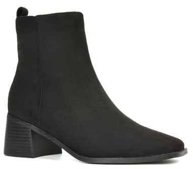 ESSEX GLAM Women's Low Heel Ankle Boots Ladies Block Heeled Square Toe Black Faux Suede Celsea Biker Booties Size 5