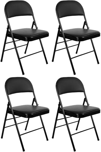 Nyxi 4 X Folding Chairs with Padded Paris Faux Leather Seats, Metal Frame, Foldable Chair Home Office Dinning, Multi-Purpose Indoor & Outdoor (Black Leather PVC, 4 X Chairs)