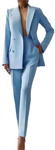 Costume 2 pièces habillé pour femme, blazer à double boutonnage et pantalon de travail à jambe droite, ensemble décontracté pour le bureau, bleu ciel, M
