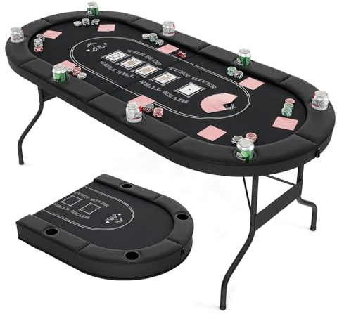 COSTWAY Table de Poker Pliable 182 cm pour 8 Joueurs, Jeu de Cartes avec 8 Porte-gobelets en Métal & Rails Rembourrés, Table de Casino pour Salle de Jeux, Maison (Noir)