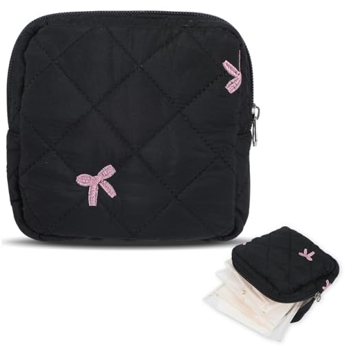 Portable Period Bags for Teen Girls for School, Cute Bow Tie Period Pouch for Pads Sanitary Napkins Small Tampons, Sanitary Napkin Storage Bag First Gifts for Teen Girls (Black)