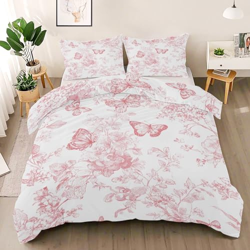 Générique Housse de Couette 200x200 Rose Toile de Jouy, Réversible Parure de Lit Fleurs Papillon, Ensemble de literie Microfibre 3 Pièces avec Fermeture Éclair + 2 Taie d'oreiller 65x65cm