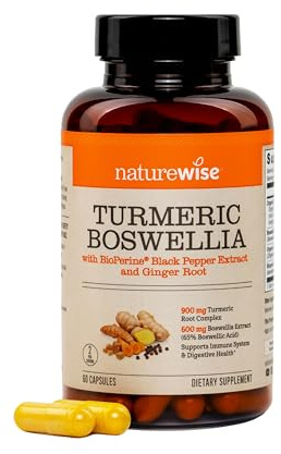 NatureWise Turmeric Boswellia Supplement with BioPerine & Organic Ginger Root - Organic Turmeric 900mg + Boswellia Extract 600mg - Non-GMO, Vegan, USA Manufactured - 60 Capsules[30-Day Supply]