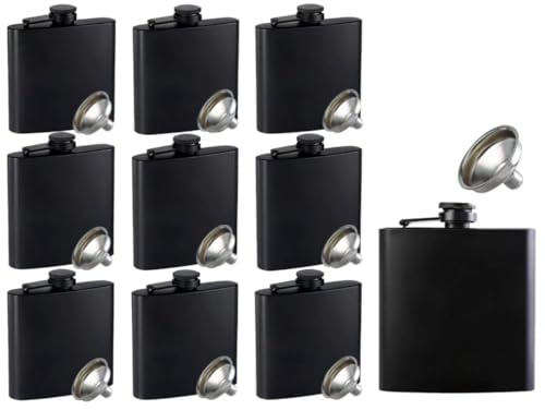 TQIOQIY 10 Pack 6oz Black Hip Flasks - Stainless Steel Whiskey Flask Bulk Set for Wedding Parties, UK Groomsmen Gifts, Events & Camping - Includes 10 Funnels