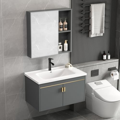 HYANXUE Tocadores de baño, mueble de tocador montado en la pared, lavabo, armario de espejo y lavabo combinado con lavabo de cerámica y grifo (gris, 60 x 40 cm)