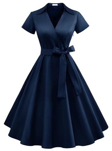 Timormode Robe Années 50's Audrey Hepburn Rockabilly Swing,Plissé Robe à Manches Courtes 10084Navy S