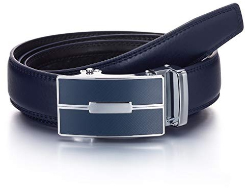 Yehman - Cintura senza fori in pelle di vacchetta con fibbia automatica a cremagliera, 3 cm, da uomo 505 Bleu Marine Small