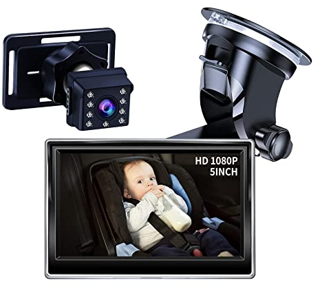 Cuplu 1080P 5''HD Videocamera Neonati Sedile Posteriore,Specchietto per Seggiolino Auto con Visione Notturna,Telecamera Auto Bambino Regolabile Ampia Visione Cristallina,Visione Notturna Perfetta
