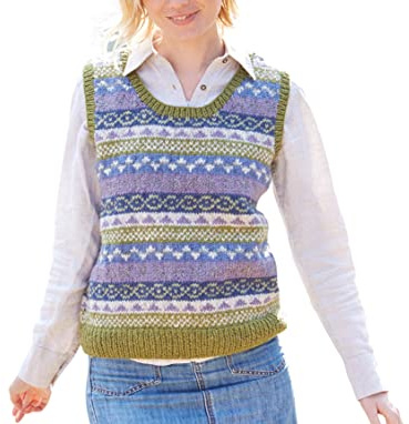 Pachamama Dam ull linne ärmlös jumper fin handstickad traditionell Fair Isle handgjord varm tröja väst Fair Trade, Oliv, S