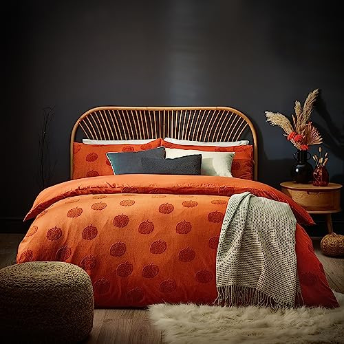 furn. Pumpkin Tufted Halloween 100% Cotton Duvet Cover Set – Autumn Bedding (Orange - Double)