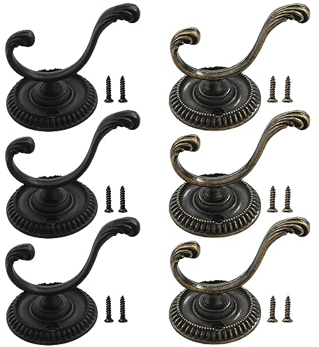 Gotetiso Haken Vintage Schwarz 6 Stück Bronze Vintage Wand Kleiderhaken Garderobenhaken Schwarz Vintage Schlafzimmer Mantel Hut Haken Türhaken Mantelhaken Retro Wandhaken mit Schrauben für Home