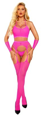 RSLOVE - Body de malla sexy para mujer, conjunto de lencería de 4 piezas con guantes y medias, rosa flúor, Talla única