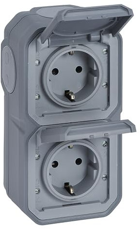 LEGRAND, Plexo New Feuchtraum-Steckdose, 2-fach, Schuko-Standard, inklusive Klappdeckel, Berührungsschutz, Steckklemmen, vorverdrahtet, vertikal, IP44 - IK07, Farbe: Grau, 069744L