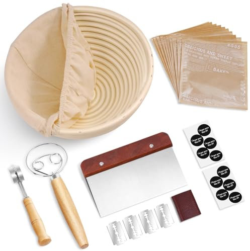 REMEIT Banneton Proofing Basket Sourdough Starter Kit with Round Banneton with Liner and Bread Making Tools, Sourdough Proving Basket Kit for Beginners and Pros