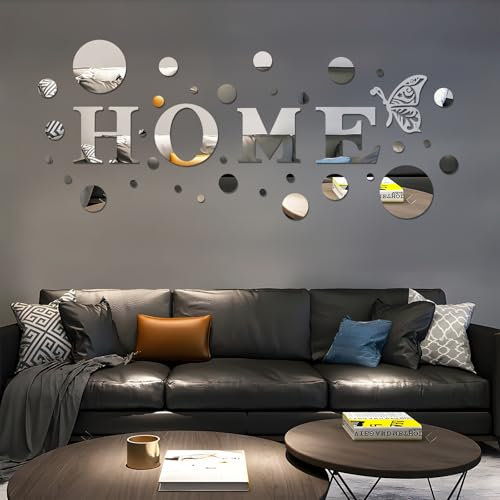 DIYJEP 37 Pezzi Adesivo da Parete a Specchio con Scritta HOME, Adesivo Murale Rotondo 3D Acrilico Rimovibile, Adesivi Murali Decorativi in Argento per Soggiorno Camera da Letto Sala da Pranzo