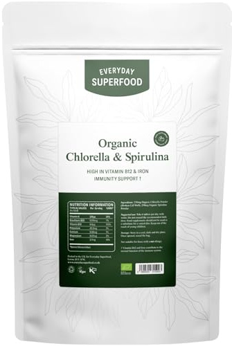 Everyday Superfood Organic Chlorella & Spirulina Tablets 500mg, 60 Sample Size Tablets, Broken Cell Wall Chlorella & Raw Spirulina Cold Pressed Tablet