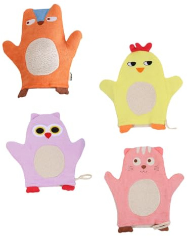 Mikinona 4pièces Moufles de Bain pour Garçon Fille Lot Motifs Animaux Accessoires de Douche Pratiques et Légers Plusieurs styles