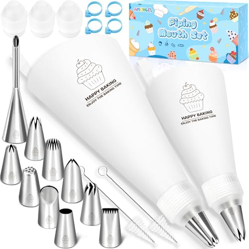 AMCHLEL Poche à Douille, 10 Douilles en INOX, 2 Poche a Douille Reutilisable (30cm-40cm), 3 Adaptateurs, 4 Attaches Silicone, Set de Douilles pour la Décoration De Gâteaux, Biscuits