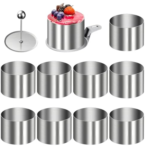 HSUYUN Aros Emplatar 8 cm, 10 Piezas Anillo de Pastel, Acero Inoxidable Aros de Pastel, con Base y Elevador, Color Plateado Aros para Reposteria, Ideal para Pasteles DIY, Mousses y Postres
