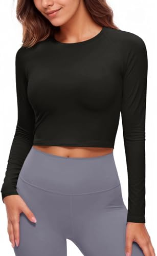 Fisoew Maglietta sportiva da donna UPF 50+, protezione solare a maniche lunghe, girocollo, per yoga, allenamento, crop top, traspirante, slim fit, Nero , M