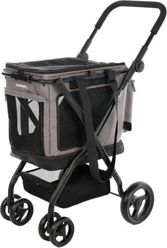 Carlett Carrito de Mascotas 3 en 1 Ruedas Giratorias 360º, Resistente al Agua, Transportín Compatible con Asiento de Coche, Cubre Lluvia y Correa de Seguridad, Cube P, Color Gris