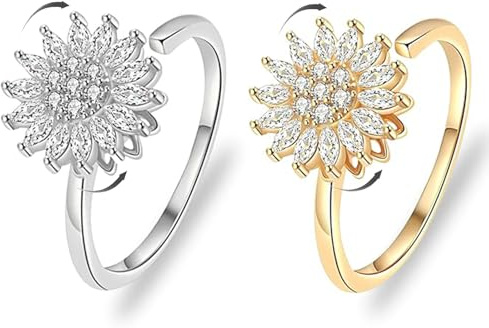 Mikqky 2 pezzi Anello G-irasole, Antistress per Donna Girasole A-nello, Anello Rotante di Girasole, Anello Spinner Regolabile con Girasole, Anxiety Ring Girasole Anello(Oro + Argento)