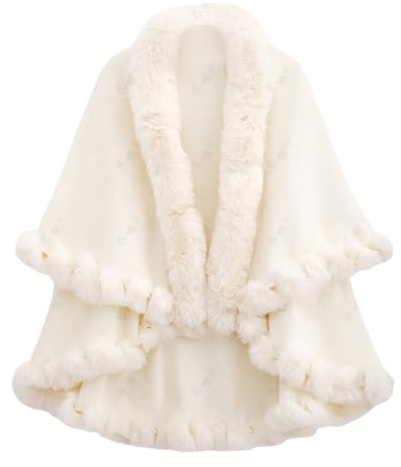 Générique Poncho Cape en Fausse Fourrure pour Femme, Châle Étole Tricoté Chaud d'hiver, Manteau Cardigan Ouvert avec Col en Fausse Fourrure pour Automne Hiver Mariage Soirée Gala (Blanc)