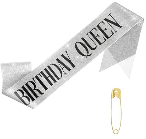 Birthday Queen Sash, Glitter Gold Birthdays Queen Sash with Safety Pin, Happy Birthday Gifts Sashs Party Favors Accessories for Women GIrls(Silver with Black Lettering)