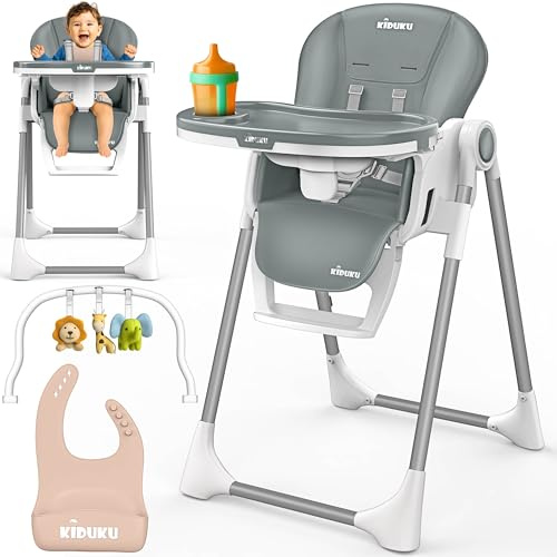 KIDUKU® Seggiolone Pappa Neonato 3 in 1 con Riduttore & Bavaglino | Seggiolone Pieghevole per Bebè e Bambini con Arco Giochi | Sedia Evolutiva Regolabile 7 Livelli | Crescita 0-36 Mesi (Grigio chiaro)