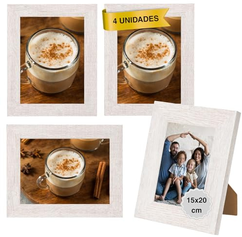 MARCOFOTO Marco de Fotos para Pared - Set de 4 Portafotos MDF con Cristal, uso vertical u horizontal - Decoración hogar u oficina, diplomas - Color Blanco Rústico 15x20 cm