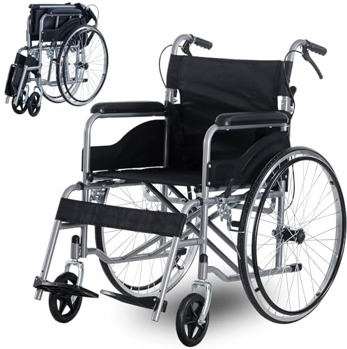 LSBIKE 13.05kg Folding Wheelchair self-propelled Lightweight Wheelchair for Transport with Strong Steel Frame with Rear Hand Brakes and Side Brakes (Grey)