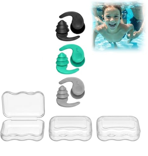 3 paia di tappi per le orecchie da nuoto, in silicone, impermeabili, riutilizzabili, morbidi, antiscivolo, per sport acquatici, doccia, surf, snorkeling, con scatola, nero, grigio, verde