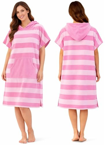 Adore Ladies Microfibre Changing Robe Poncho - Pink Stripe, L/XL | Quick-Drying Lightweight Cover-Up With Hood, Kangaroo Pocket And Side Splits For Privacy At The Beach, Pool Or After Swimming
