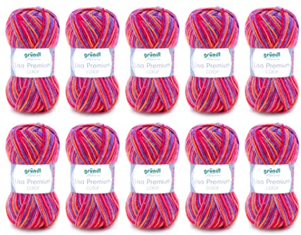 Gründl Wolle Lisa Premium color - Garn zum Stricken mit Farbverlauf - Strickgarn - Häkelgarn - Weich und hautfreundlich - 100 % Polyacryl 10 Knäuel 50 g / 133 m -Nadelstärke 3,5-4,5 - Lila-Pink-Orange