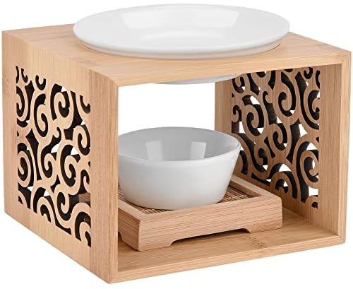 Essential Oil Burner, Wooden Wax Melt Burner, Scented Wax Melt Warmer, Oil Warmer Diffuser, Decorative Aromatherapy Burner, with Ceramic Tealight Candle Holder for Room Bedroom Office Wedding Gift