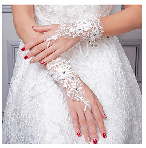 nihngvjm Sommer-Sonnenschutz-Handschuhe, kurz, weiße Strass-Perlen, Spitze, Blume, Brauthandschuhe, Tau, fingerlos for Braut-Accessoires brauthandschuhe (Color : Same as Pics)