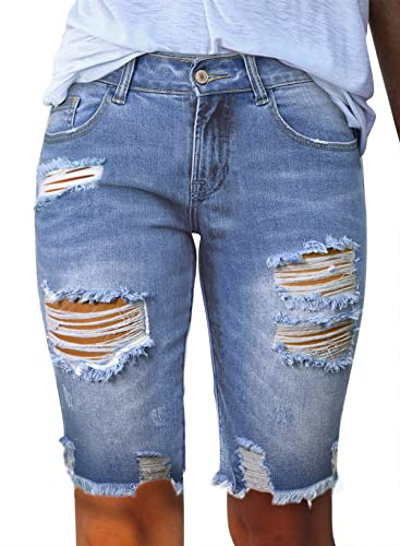 Sidefeel Women's Bermuda Shorts Stretchy Ripped High Rise Summer Jeans Cutoff Denim Shorts Sky Blue Size 4
