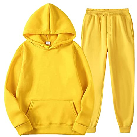 QWUVEDS Men and Women Sports Sets Autumn and Winter Leisure Plain Hoodie Trousers with Tassels Sports Suit Tracksuit Jacket Men, yellow, M